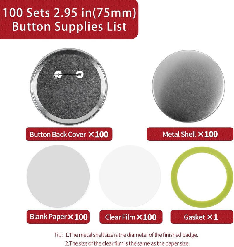 Onemorello 100 Sets Button Maker Supplies, 75mm / 2.95 inch Button Supplies Buttons Parts, (Approx. 3 inch) Metal Blank Badge Parts with Blank Paper for Buttons Maker Machine Pin Maker Press - Image 2